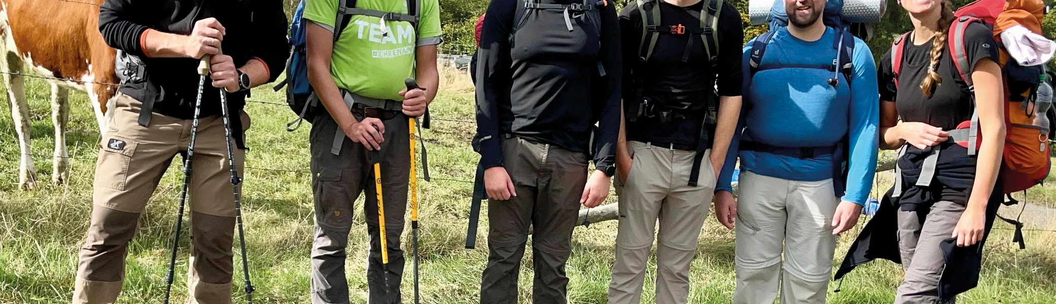 Insgesamt sechs Wanderer der Wandergruppe "die goldenen 20" sind zu sehen bei einer Fotopause | © DAV Münster